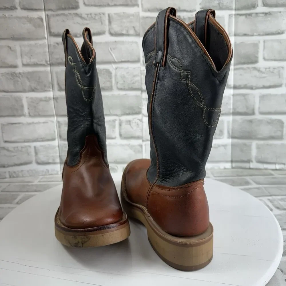 Laredo Vintage Men's 8.5 Brown and Blue Leather Pull On Cowboy Western Boots